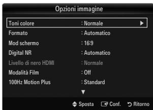Opzioni immagine Toni colore : Normale Formato : Automatico Mod schermo : 16:9 Digital NR : Automatico Livello di nero HDMI : Normale Modalità Film : Off 100Hz Motion Plus : Standard Sposta Conf. Ritorno