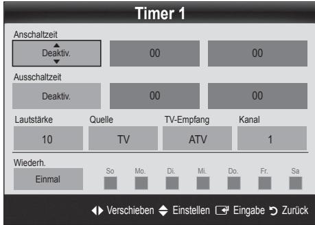 Timer 1 Anschaltzeit Deaktiv. 00 00 Ausschaltzeit Deaktiv. 00 00 Lautstärke 10 Quelle TV TV-Empfang ATV Kanal 1 Wiederh. Einmal So Mo. Di. Mi. Do. Fr. Sa Verschieben Einstellen Eingabe Zurück