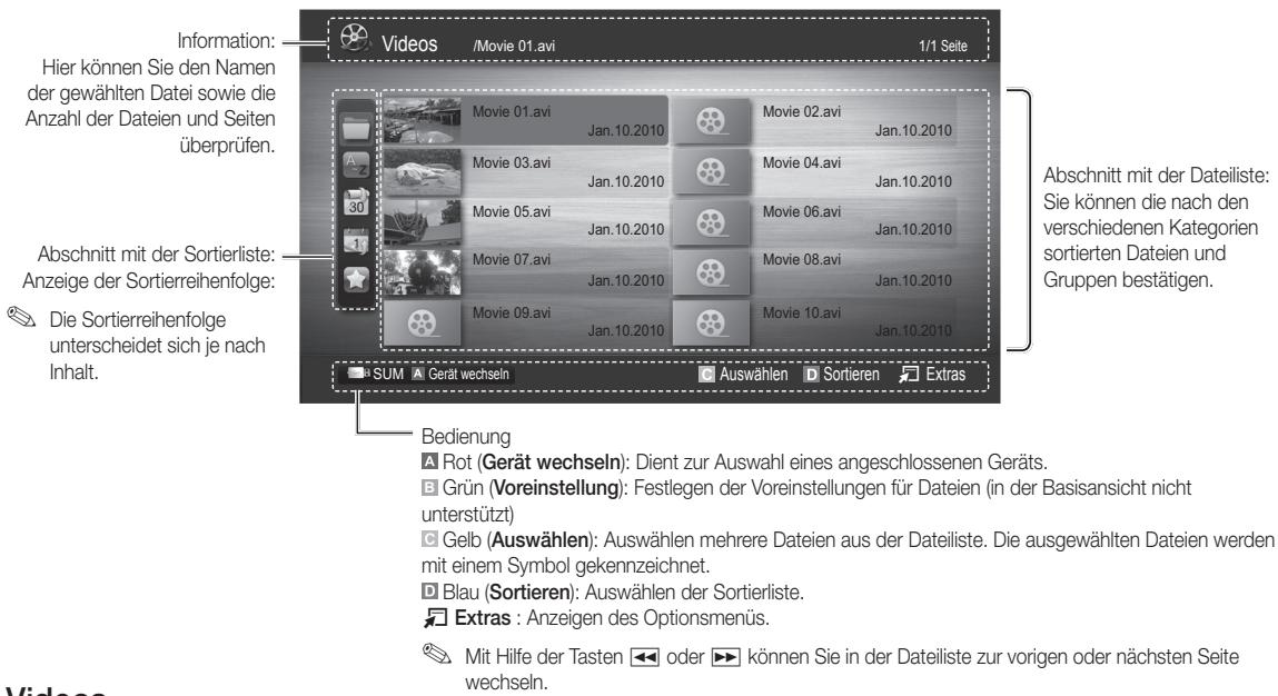 Information: Hier können Sie den Namen der gewählten Datei sowie die Anzahl der Dateien und Seiten überprüfen. Abschnitt mit der Sortierliste: Anzeige der Sortierreihenfolge: Die Sortierreihenfolge unterscheidet sich je nach Inhalt. Videos /Movie 01.avi 1/1 Seite Movie 01.avi Jan.10.2010 Movie 02.avi Jan.10.2010 Movie 03.avi Jan.10.2010 Movie 04.avi Jan.10.2010 Movie 05.avi Jan.10.2010 Movie 06.avi Jan.10.2010 Movie 07.avi Jan.10.2010 Movie 08.avi Jan.10.2010 Movie 09.avi Jan.10.2010 Movie 10.avi Jan.10.2010 SUM Gerät wechseln Auswählen Sortieren Extras Bedienung Rot (Gerät wechseln): Dient zur Auswahl eines angeschlossenen Geräts. Grün (Voreinstellung): Festlegen der Voreinstellungen für Dateien (in der Basisansicht nicht unterstützt) Gelb (Auswählen): Auswählen mehrere Dateien aus der Dateiliste. Die ausgewählten Dateien werden mit einem Symbol gekennzeichnet. Blau (Sortieren): Auswählen der Sortierliste. Extras : Anzeigen des Optionsmenüs. Mit Hilfe der Tasten oder können Sie in der Dateiliste zur vorigen oder nächsten Seite wechseln.