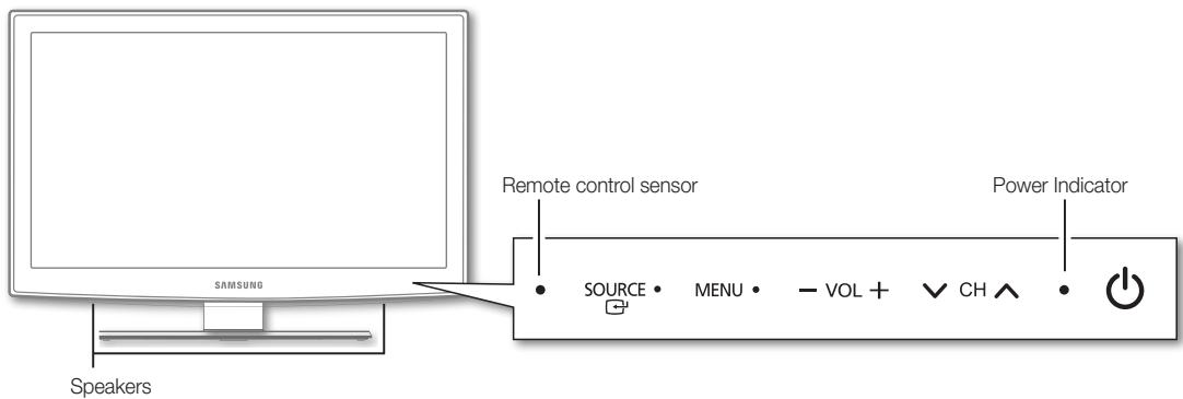 SAMSUNG Speakers Remote control sensor Power Indicator SOURCE • MENU • - VOL + ✓ CH ^ •