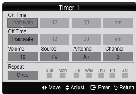 Timer 1 On Time Inactivate 12 00 am Off Time Inactivate 12 00 am Volume Source Antenna Channel 10 TV Air 3 Repeat Once Sun Mon Tue Wed Thu Fri Sat Move Adjust Enter Return