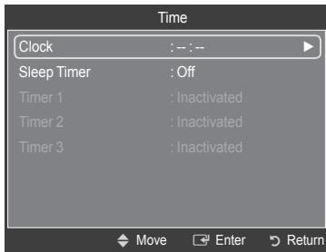 Time Clock : -- : -- Sleep Timer : Off Timer 1 : Inactivated Timer 2 : Inactivated Timer 3 : Inactivated