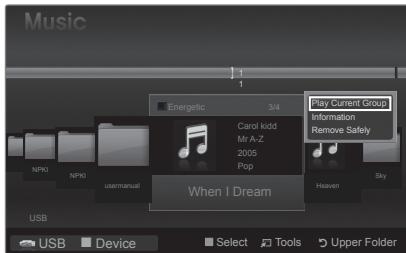 Music 1 1 Energetic 3/4 Carol kidd Mr A-Z 2005 Pop When I Dream Play Current Group Information Remove Safety Heaven Sky USB Device Select Tools Upper Folder