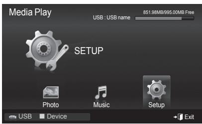 Media Play USB : USB name 851.98MB/995.00MB Free SETUP Photo Music Setup USB Device Exit