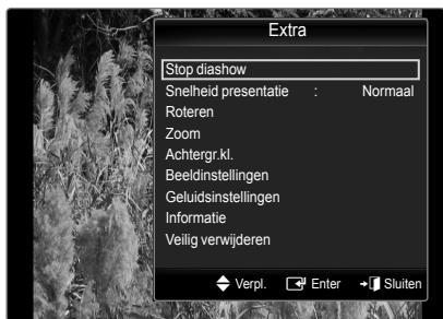 Extra Stop diashow Snelheid presentatie : Normaal Roteren Zoom Achtergr.kl. Beeldinstellingen Geluidsinstellingen Informatie Veilig verwijderen Verpl. Enter Sluiten