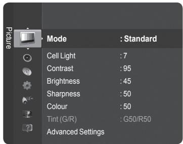 Picture Mode : Standard Cell Light : 7 Contrast : 95 Brightness : 45 Sharpness : 50 Colour : 50 Tint (G/R) : G50/R50 Advanced Settings