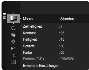 Modus : Standard Zellhelligkeit : 7 Kontrast : 95 Helligkeit : 45 Schärfe : 50 Farbe : 50 Farbton (G/R) : G50/R50 Erweiterte Einstellungen