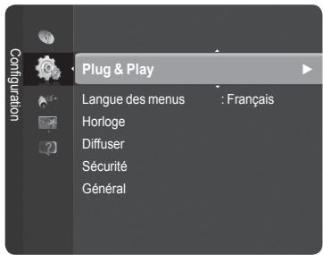 Configuration Plug & Play Langue des menus : Français Horloge Diffuser Sécurité Général