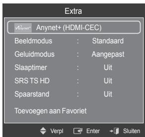 Extra Anynet+ (HDMI-CEC) Beeldmodus : Standaard Geluidmodus : Aangepast Slaaptimer : Uit SRS TS HD : Uit Spaarstand : Uit Toevoegen aan Favoriet Verpl Enter Sluiten
