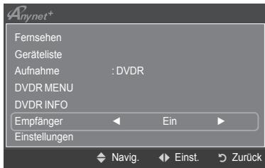 Anynet* Fernsehen Geräteliste Aufnahme : DVDR DVDR MENU DVDR INFO Empfänger Ein Einstellungen Navig. Einst. Zurück