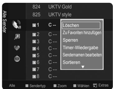 824 UKTV Gold 825 UKTV style 1 C -- Löschen 2 C -- Zu Favoriten hinzufügen 3 C -- Sperren 4 C -- Timer-Wiedergabe 5 C -- Sendemamen bearbeiten 6 C -- Sortieren 7 C -- 8 C -- Alle Sendertyp Zoom Wahlen Extras