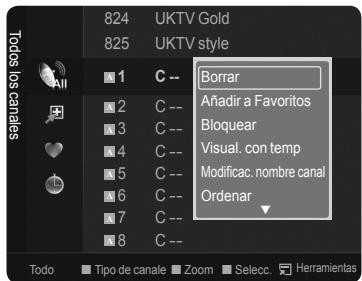 Todos los canales 824 UKTV Gold 825 UKTV style 1 C -- Borrar 2 C -- Añadir a Favoritos 3 C -- Bloquear 4 C -- Visual. con temp 5 C -- Modificac. nombre canal 6 C -- Ordenar 7 C -- 8 C -- Todo Tipo de canale Zoom Selec. Herramientas