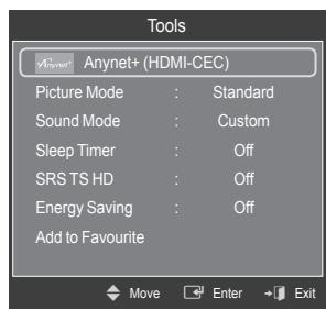 Tools Anynet+ (HDMI-CEC) Picture Mode : Standard Sound Mode : Custom Sleep Timer : Off SRS TS HD : Off Energy Saving : Off Add to Favourite
