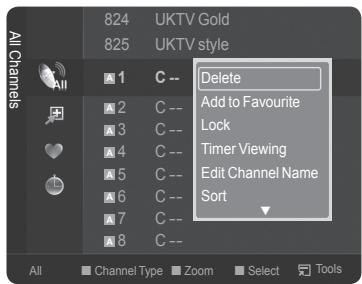 All Channels 824 UKTV Gold 825 UKTV style 1 C -- Delete 2 C -- Add to Favourite 3 C -- Lock 4 C -- Timer Viewing 5 C -- Edit Channel Name 6 C -- Sort 7 C -- 8 C -- All Channel Type Zoom Select Tools