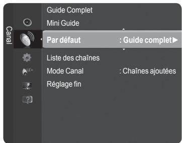 Guide Complet Mini Guide Par défaut : Guide complet Liste des chaînes Mode Canal : Chaînes ajoutées Réglage fin