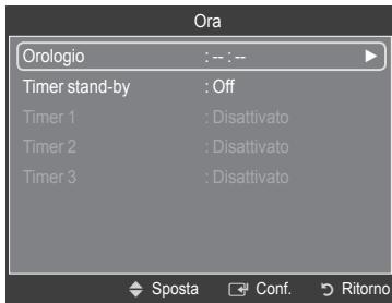 Ora Orologio : -- : -- Timer stand-by : Off Timer 1 : Disattivato Timer 2 : Disattivato Timer 3 : Disattivato Sposta Conf. Ritorno