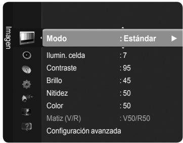 Modo : Estándar Illum. celda : 7 Contraste : 95 Brillo : 45 Nitidez : 50 Color : 50 Matiz (V/R) : V50/R50 Configuración avanzada