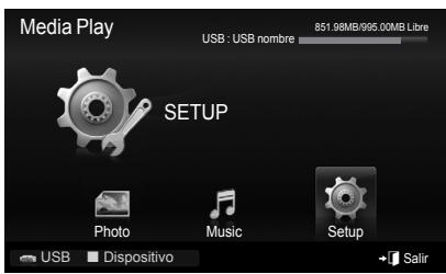 Media Play USB : USB nombre 851.98MB/995.00MB Libre SETUP Photo Music Setup USB Dispositivo → Salir