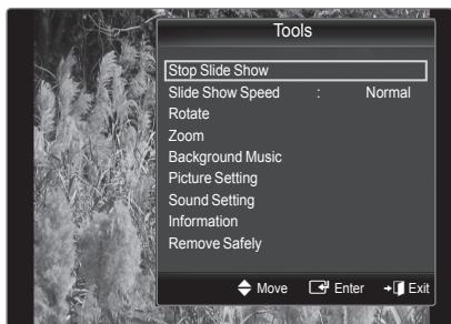 Tools Stop Slide Show Slide Show Speed : Normal Rotate Zoom Background Music Picture Setting Sound Setting Information Remove Safely Move Enter Exit