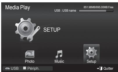 Media Play USB : USB name 851.98MB/995.00MB Free SETUP Photo Music Setup USB Périph. → Quitter