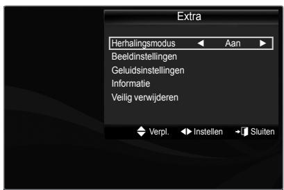 Extra Herhalingsmodus ← Aan ► Beeldinstellingen Getuidsinstellingen Informatie Veilig verwijderen ◀ Verpl. ◀ Instellen +◀ Sluiten