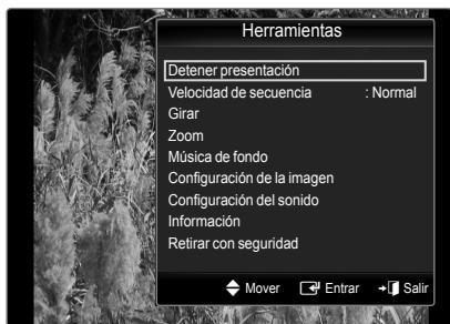 Herramientas Detener presentación Velocidad de secuencia : Normal Girar Zoom Música de fondo Configuración de la imagen Configuración del sonido Información Retirar con seguridad Mover Enrar Salir