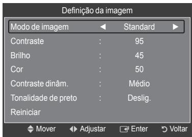 Definição da imagem Modo de imagem Standard Contraste : 95 Brilho : 45 Cor : 50 Contraste dinâm. : Médio Tonalidade de preto : Deslig. Reiniciar Mover Adjustar Enter Voltar