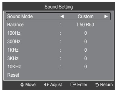 Sound Setting Sound Mode ← Custom ▶ Balance : L50 R50 100Hz : 0 300Hz : 0 1KHz : 0 3KHz : 0 10KHz : 0 Reset Move Adjust Enter Return
