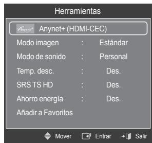 Herramientas Anynet+ (HDMI-CEC) Modo imagen : Estándar Modo de sonido : Personal Temp. desc. : Des. SRS TS HD : Des. Ahorro energía : Des. Añadir a Favoritos