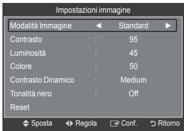 Impostazioni immagine Modalità Immagine Standard Contrasto : 95 Luminosità : 45 Colore : 50 Contrasto Dinamico : Medium Tonalità nero : Off Reset ◆ Sposta ► Regola Conf. ► Ritorno