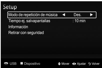Setup Modo de repetición de música ← Des. ► Tiempo ej. salvapantallas : 10 min Información Retirar con seguridad USB Dispositivo Mover Ajustar Volver