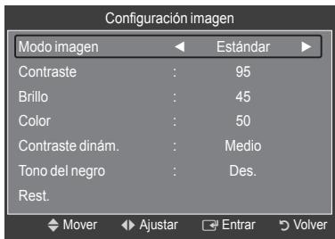 Configuración imagen Modo imagen Estándar Contraste : 95 Brillo : 45 Color : 50 Contraste dinám. : Medio Tono del negro : Des. Rest. Mover Ajustar Entrar Volver