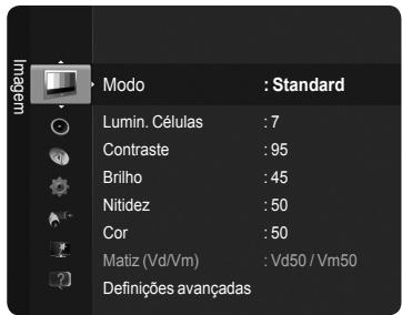 Modo : Standard Lumin. Células : 7 Contraste : 95 Brilho : 45 Nitidez : 50 Cor : 50 Matiz (Vd/Vm) : Vd50 / Vm50 Definições avançadas