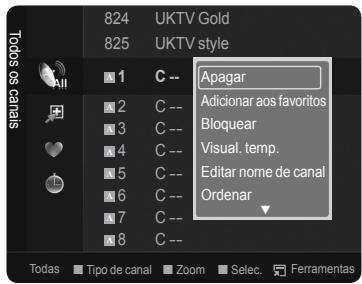 824 UKTV Gold 825 UKTV style 1 C -- Apagar 2 C -- Adicionar aos favoritos 3 C -- Bloquear 4 C -- Visual, temp. 5 C -- Editar nome de canal 6 C -- Ordenar 7 C -- 8 C -- Todas Tipo de canal Zoom Selec Ferramentas
