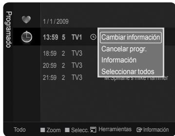 Programado 1/1/2009 13:59 5 TV1 18:59 2 TV3 20:59 2 TV3 21:59 2 TV3 Cambiar información Cancelar progr. Información Seleccionar todos M. Spinete's Mike Hammer Todo Zoom Selecte Herramientas Información