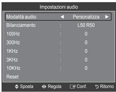 Impostazioni audio Modalità audio Personalizza Bilanciamento : L50 R50 100Hz : 0 300Hz : 0 1KHz : 0 3KHz : 0 10KHz : 0 Reset ◆ Sposta ◄ Regola □ Conf. ➕ Ritorno
