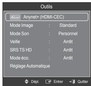 Outils Anynet+ (HDMI-CEC) Mode Image : Standard Mode Son : Personnel Veille : Arrêt SRS TS HD : Arrêt Mode éco. : Arrêt Réglage Automatique Dépl. Entrer Quitter