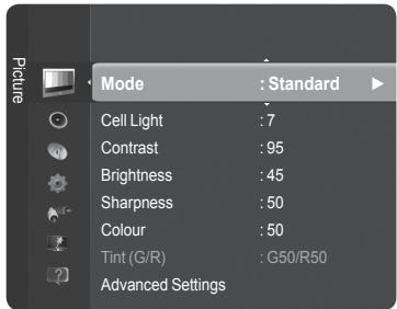 Mode : Standard Cell Light : 7 Contrast : 95 Brightness : 45 Sharpness : 50 Colour : 50 Tint (G/R) : G50/R50 Advanced Settings