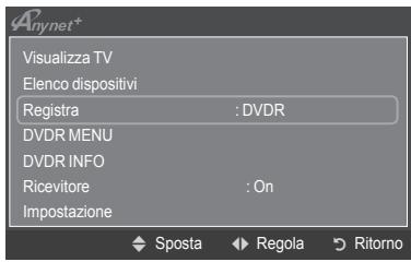 Anynet+ Visualizza TV Elenco dispositivi Registra : DVDR DVDR MENU DVDR INFO Ricevitore : On Impostazione ◆ Sposta ◀ Regola ◀ Ritorno