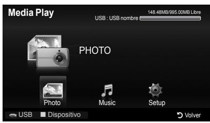 Media Play USB : USB nombre 148.48MB/995.00MB Libre PHOTO Photo Music Setup USB Dispositivo Volver