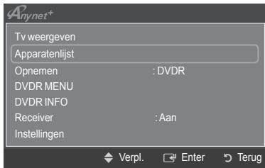 A#ynet* Tv weergeven Apparatenlijst Opnemen : DVDR DVDR MENU DVDR INFO Receiver : Aan Instellingen Verpl. Enter Terug