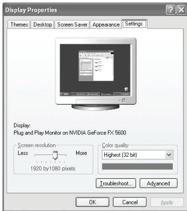 Display Properties Themes Desktop Screen Saver Appearance Settings Display: Plug and Play Monitor on NVIDIA GeForce FX: 5600 Screen resolution More Less 1920 by 1080 pixels Color quality Highest (32 bit) Troubleshoot... Advanced OK Cancel Apply