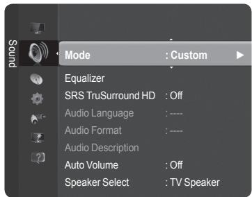 Mode : Custom Equalizer SRS TruSurround HD : Off Audio Language : ---- Audio Format : ---- Audio Description Auto Volume : Off Speaker Select : TV Speaker