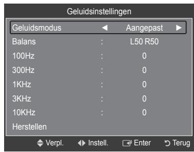 Geluidsinstellingen Geluidsmodus ← Aangepast ▶ Balans : L50 R50 100Hz : 0 300Hz : 0 1KHz : 0 3KHz : 0 10KHz : 0 Herstellen Verpl. Instell. Enter Terug