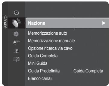 Nazione Memorizzazione auto Memorizzazione manuale Opzione ricerca via cavo Guida Completa Mini Guida Guida Predefinita : Guida Completa Elenco canali