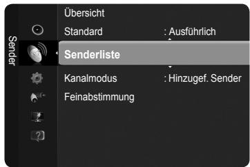 Übersicht Standard : Ausführlich Senderliste Kanalmodus : Hinzugef. Sender Feinabstimmung