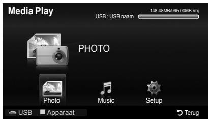 Media Play USB : USB naam 148.48MB/995.00MB Vrij PHOTO Photo Music Setup USB Apparaat Terug