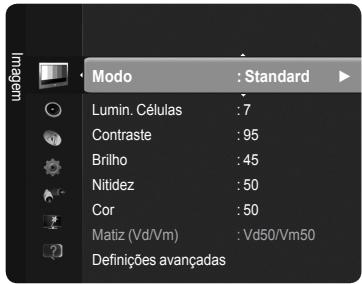 Modo : Standard Lumin. Células : 7 Contraste : 95 Brilho : 45 Nitidez : 50 Cor : 50 Matiz (Vd/Vm) : Vd50/Vm50 Definições avançadas