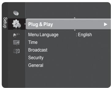 Plug & Play Menu Language : English Time Broadcast Security General