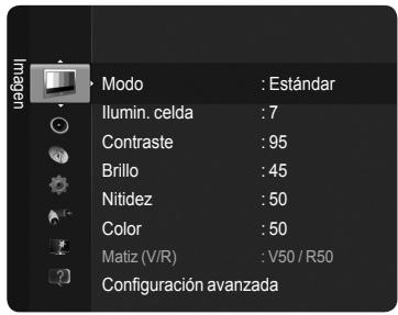 Modo : Estándar Ilumin. celda : 7 Contraste : 95 Brillo : 45 Nitidez : 50 Color : 50 Matiz (V/R) : V50 / R50 Configuración avanzada
